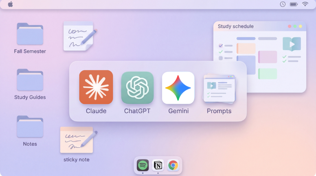 A desktop with AI tools and a prompt library one click away, the setup bootcamp students share by screenshot